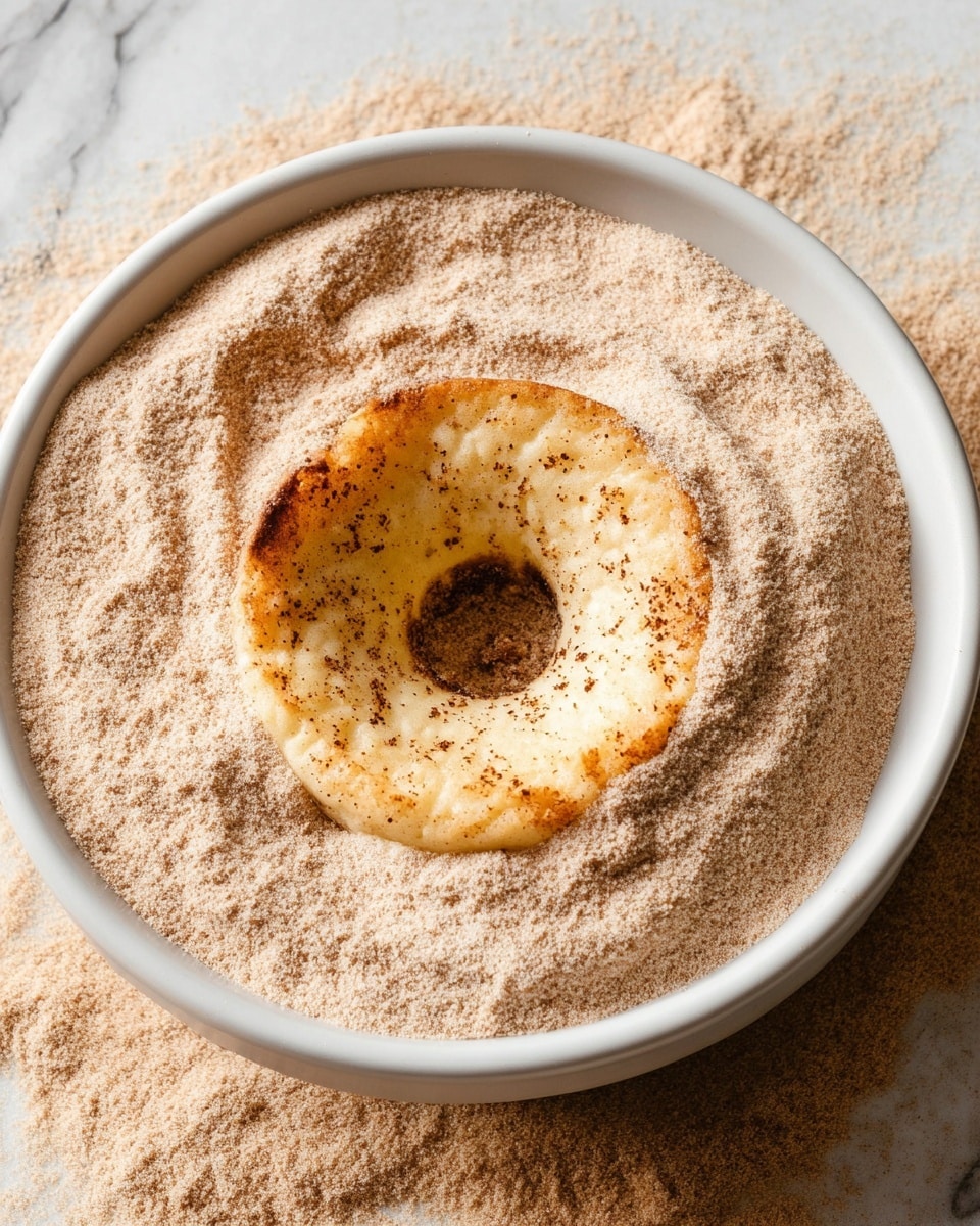 A single round pastry ring with a light golden-brown top and slightly shiny surface lies in the center of a white bowl filled with a fine light brown powder with darker specks, likely cinnamon sugar; the bowl rests on a white marbled texture surface, and a small part of the powder appears disturbed around the pastry. photo taken with an iphone --ar 4:5 --v 7