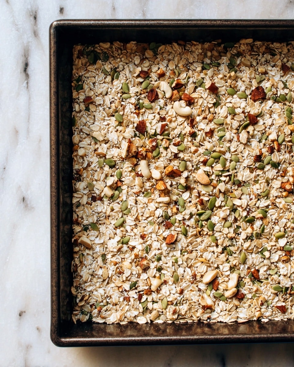 A close-up of a dark baking tray filled with an even layer of mixed oats, seeds, and chopped nuts spread out flat. The oats are light beige, the seeds are green, and the nuts have a mix of light brown and tan colors scattered throughout. The tray rests on a white marbled surface, adding subtle texture behind the tray. photo taken with an iphone --ar 4:5 --v 7