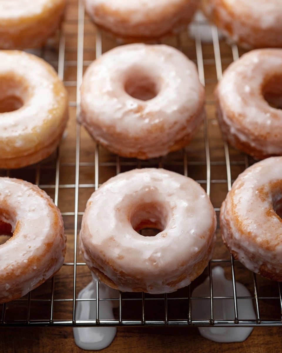 The image shows eight round donuts with a light tan color, each coated evenly with a thin, shiny white glaze that covers the top and sides, giving them a smooth texture. The donuts have a soft and slightly puffy look with small variations in surface texture, and each has a clean circular hole in the middle. They rest on a metal cooling rack, which is placed over a wooden surface, and a small drip of glaze can be seen below one donut. The whole scene is cozy and warm, focusing on the fresh donuts cooling after glazing. photo taken with an iphone --ar 4:5 --v 7