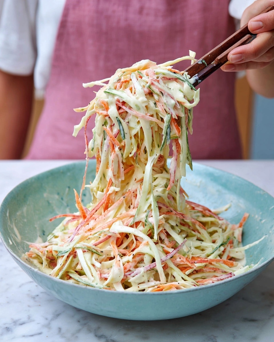 A light blue bowl filled with creamy coleslaw made of thin strips in three colors: pale white, orange, and green. The coleslaw strands are coated with a smooth, white dressing with tiny pepper bits. A woman's hand holding dark wooden salad utensils lifts a bundle of this colorful mix in the center of the image. The bowl sits on a surface with white marbled texture, and the background shows a person wearing a white shirt and a pink apron, slightly out of focus. photo taken with an iphone --ar 4:5 --v 7