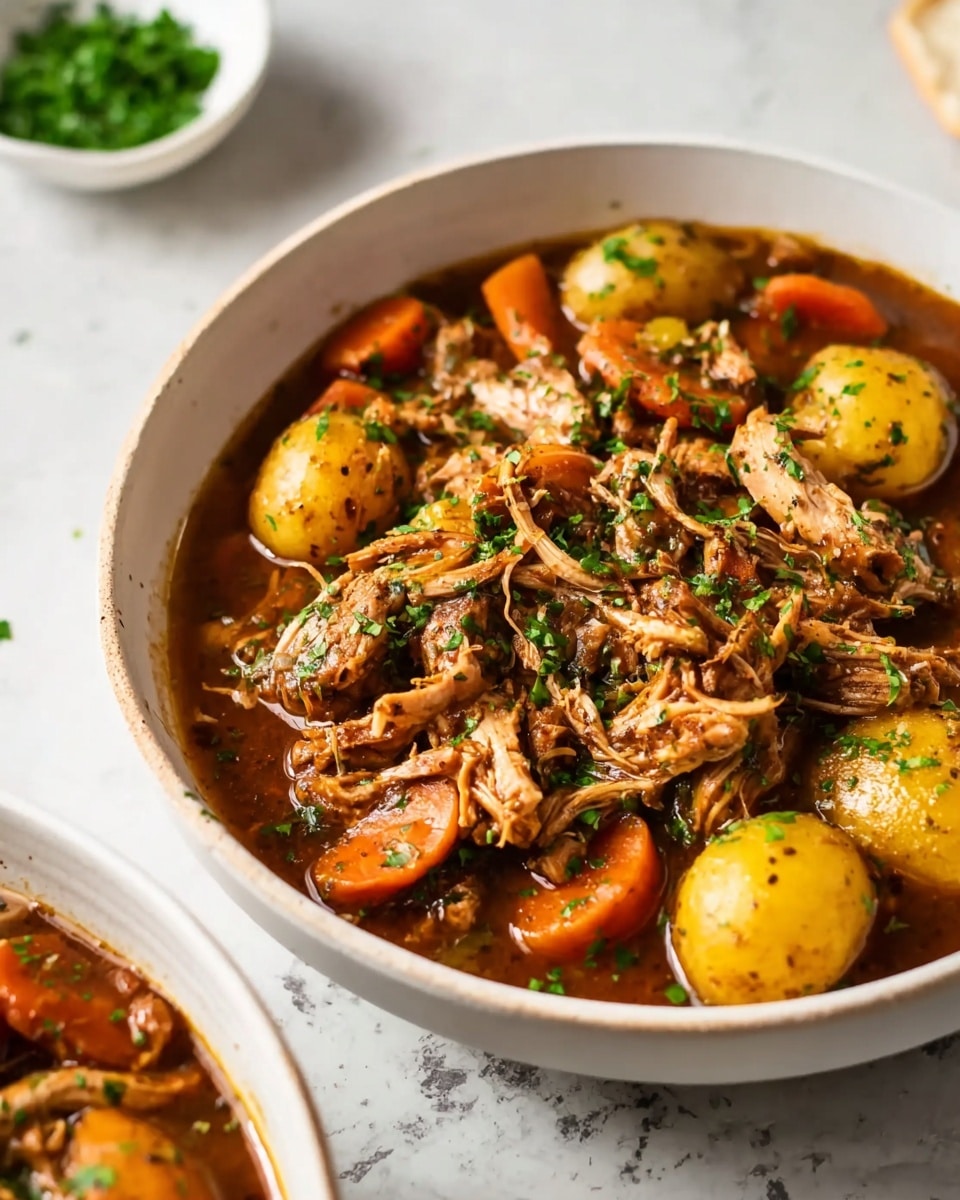 The dish is served in a white bowl filled with a rich brown broth. Inside the broth, there are three main layers: shredded light brown meat scattered across the top and middle, bright orange carrot slices positioned near the center and edges, and quartered yellow potatoes placed evenly around the bowl. Green herbs are sprinkled on top, adding a fresh touch. The background is a white marbled surface. Photo taken with an iphone --ar 4:5 --v 7