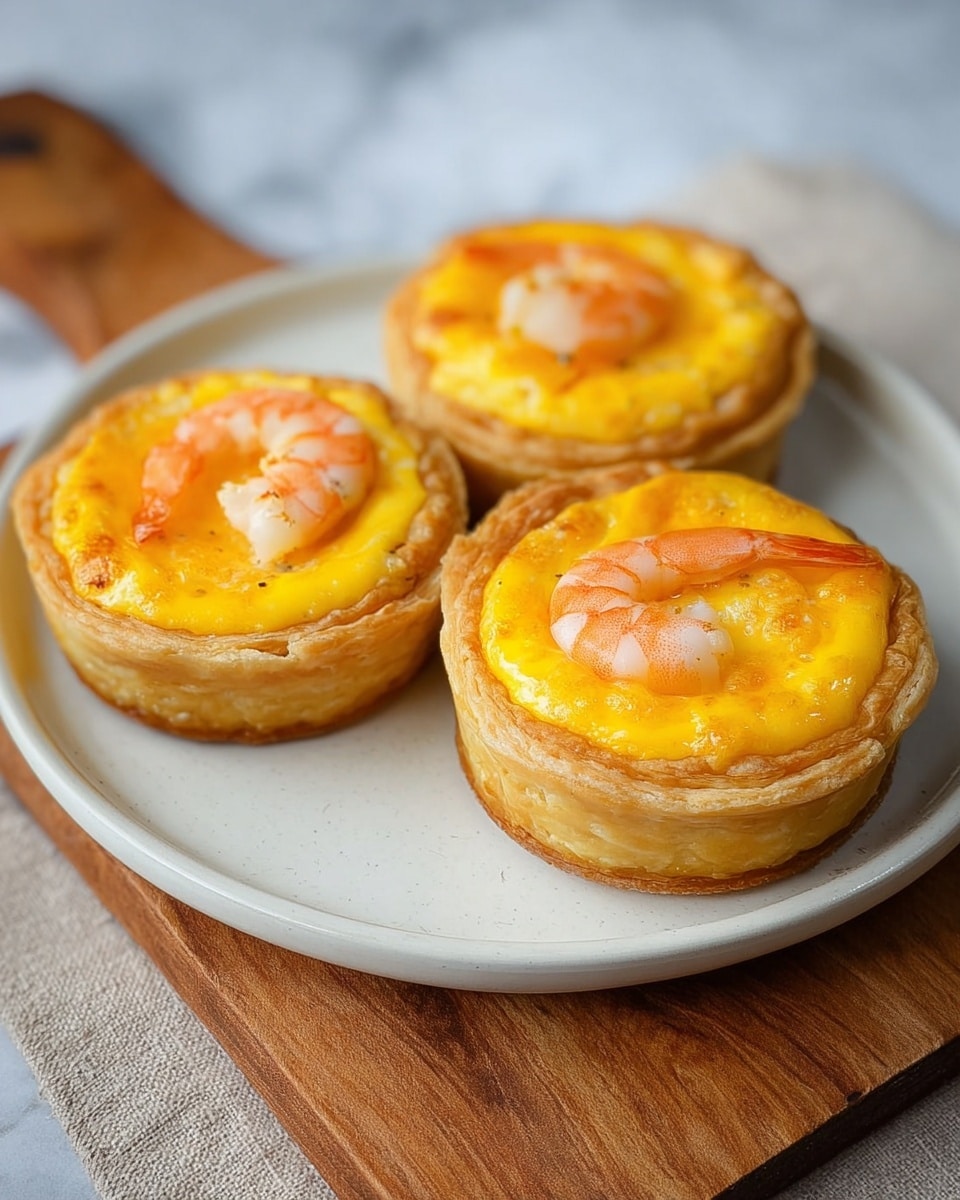 Three yellow egg cups with a smooth, slightly shiny top layer each holding a whole orange-pink shrimp in the center are placed closely together on a white round plate. The egg cups show visible layers of cooked egg forming a thick base with a soft texture. The plate is set on a wooden board, and there is a checkered white and green cloth to the side on a white marbled surface. The photo is taken from a slightly top angle, capturing the full details of the egg cups and shrimp photo taken with an iphone --ar 4:5 --v 7