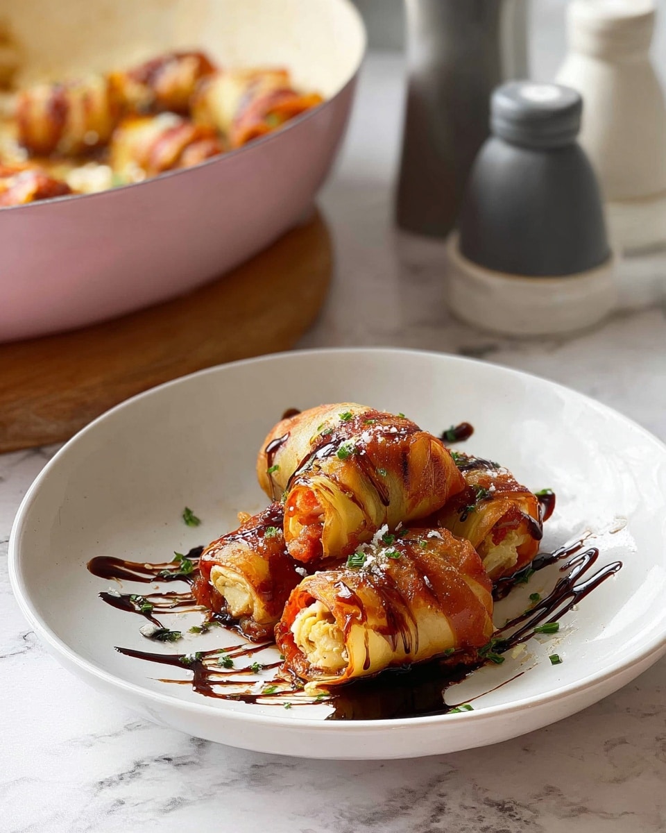 In a white bowl on a white marbled surface, there are three stuffed rolled items stacked in a triangle shape, each with a golden brown outer layer that looks soft and slightly shiny. They have some reddish filling peeking through the edges and are drizzled with dark brown sauce in thin lines across the top and on the bowl. Small green herb bits are sprinkled over the rolls, adding a touch of color. In the background, there is a large pink pan with more of the cooked rolls visible inside, along with two seasoning containers, one white and one gray. The photo taken with an iphone --ar 4:5 --v 7