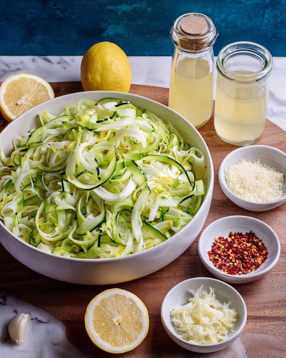 A large white bowl filled with many layers of thinly sliced green and light green vegetables, mainly zucchini and leeks, sits at the center. Surrounding the bowl on a wooden surface are smaller white dishes holding minced garlic, red chili flakes, and two lemon wedges placed near the front. There are two small glass jars, one filled with a light yellow liquid and the other with a creamy white substance. The background is a deep blue color, and the whole setting stands on a white marbled surface. Photo taken with an iphone --ar 4:5 --v 7