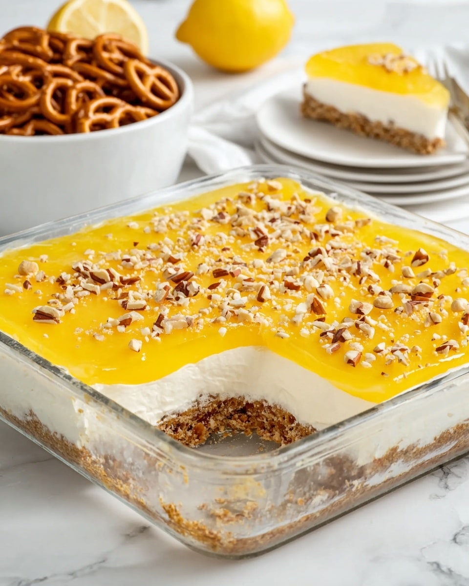 The dessert has three layers in a clear glass dish on a white marbled surface. The bottom layer is a crumbly brown nut and pretzel crust. The middle layer is a thick, creamy white filling, smooth and soft in texture. The top layer is a bright yellow jelly spread evenly and sprinkled with small chopped nuts. In the background, there is a white bowl filled with pretzels, a lemon half, and a white plate holding a slice of the same dessert. Photo taken with an iphone --ar 4:5 --v 7