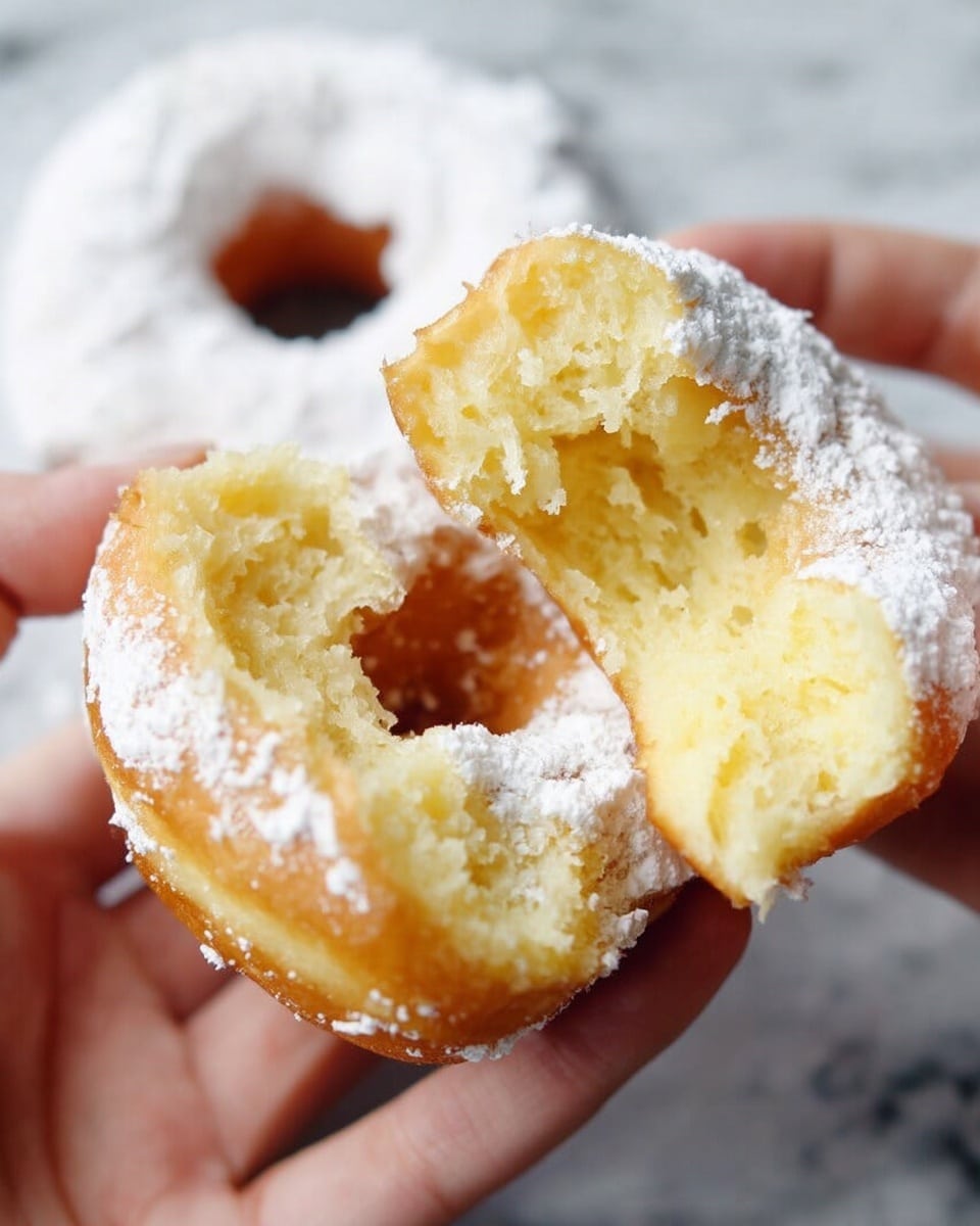 Two torn pieces of a soft, yellow doughnut covered in white powdered sugar are held by a woman's hand. The dough inside looks light and fluffy with a slightly rough texture. In the background, there is a white doughnut with powdered sugar on a white marbled surface. The image focuses closely on the doughnut pieces and the woman's hand holding them, showing detail in the dough's airy texture. photo taken with an iphone --ar 4:5 --v 7