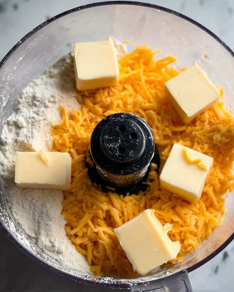 A close-up shot of a food processor bowl filled with layers for a recipe; at the bottom is a layer of white flour, topped by a layer of shredded orange cheddar cheese spread unevenly around the center. On top of the cheese, several small square pieces of pale yellow butter are placed around the edges and near the middle. In the center, the black plastic blade holder of the processor is visible, slightly coated with some flour and cheese. The bowl itself is clear, and the surface beneath is a white marbled texture. Photo taken with an iphone --ar 4:5 --v 7