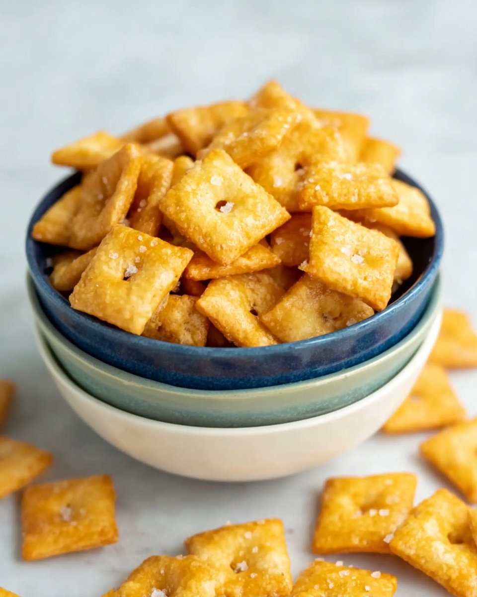 A stack of three white bowls filled with small, square-shaped golden crackers sprinkled with coarse salt resting on top, with a few crackers scattered around the base on a white marbled surface. The crackers have a slightly shiny texture and a small hole in the center of each. The bowls are stacked one inside the other, showing a mix of white with blue and greenish rims, and the image is taken at a close angle, focusing on the top bowl full of crackers. Photo taken with an iphone --ar 4:5 --v 7