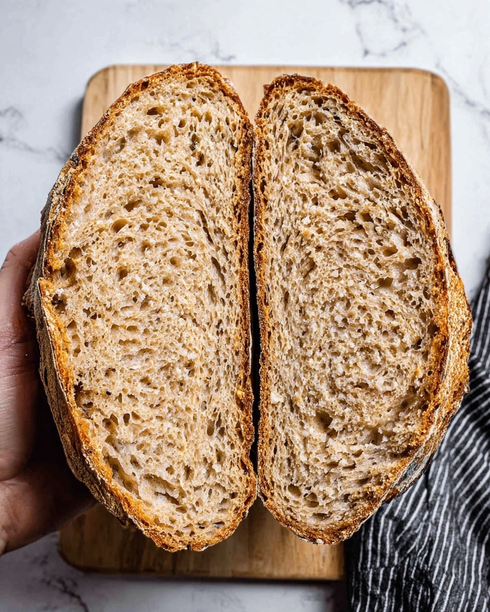 Two large halves of a rustic sourdough bread are shown, cut open to display their textured interior revealing a soft, light brown crumb with irregular air pockets. The crust is a deeper golden-brown color, slightly rough and crunchy, encasing the bread. The bread halves rest on a light wooden board placed on a white marbled surface. A woman's hand holds the bread on the left side, and a striped black and white cloth is partially visible on the right side. photo taken with an iphone --ar 4:5 --v 7