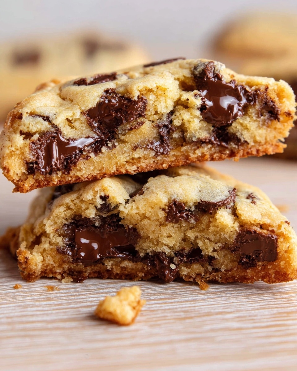 The image shows two golden brown chocolate chip cookie halves stacked on top of each other on a light wooden surface. Each cookie half is thick, with a soft and slightly crumbly texture. The cookie dough is a warm beige color, dotted generously with large, dark chocolate chunks that look melted and rich. The edges are slightly darker and crispier, while the inside looks soft and moist with pockets of melted chocolate creating a shiny contrast. Small crumbs and bits of chocolate are scattered around the cookies, adding to the fresh homemade feel. Photo taken with an iphone --ar 4:5 --v 7