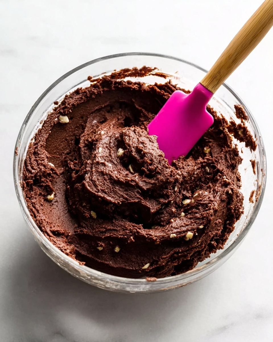 A clear glass bowl filled with thick, dark brown chocolate dough with a slightly rough texture. Small bits of chopped nuts mix lightly through the dough. A bright pink spatula with a wooden handle is stuck in the dough, showing the creamy and dense texture. The bowl sits on a white marbled surface, and the scene is lit with natural light, focusing closely on the dough and spatula. photo taken with an iphone --ar 4:5 --v 7