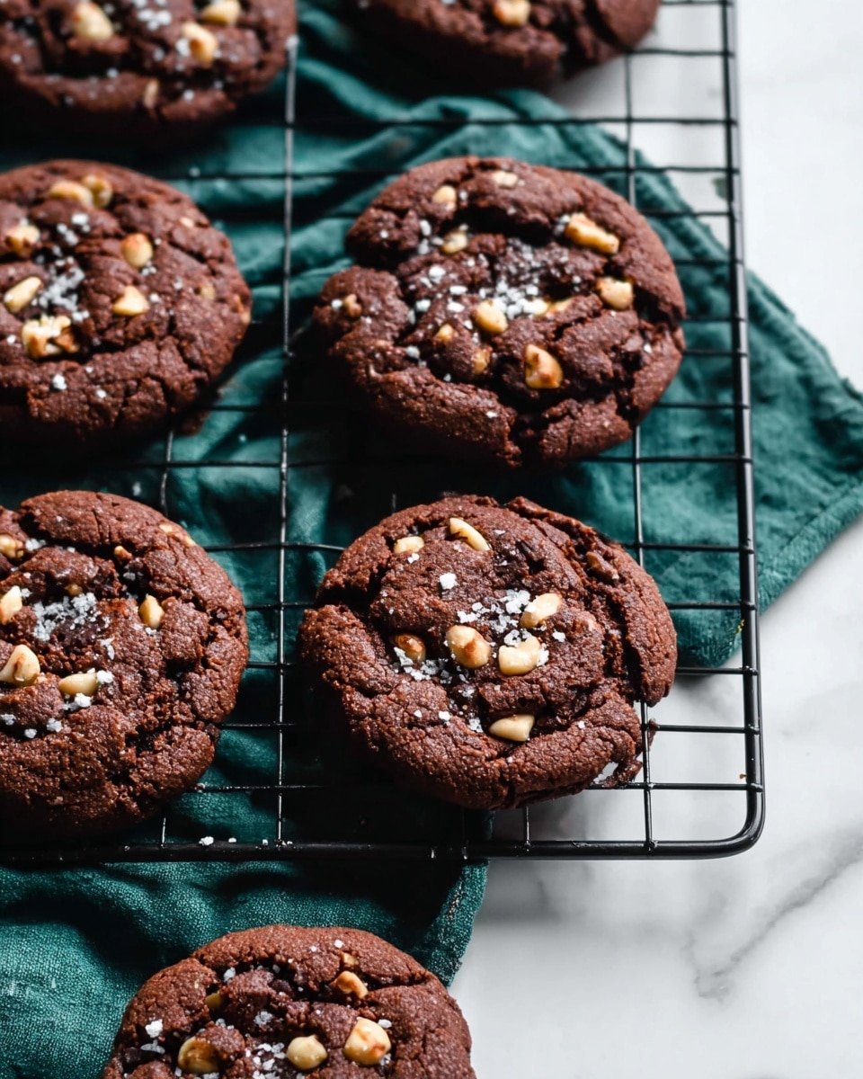 The image shows several round chocolate cookies with white nut pieces mixed inside, placed on a white marbled surface. One cookie in the center is broken into three large pieces, revealing a sticky, shiny caramel layer inside that slightly oozes out. The cookies have a rough, crumbly texture with a sprinkling of coarse white salt crystals on top. The arrangement is casual, with the cookies spaced apart. The photo is sharp with natural light highlighting the cookies' rich brown color and the contrast between the caramel and chocolate cookie layers. Photo taken with an iphone --ar 4:5 --v 7