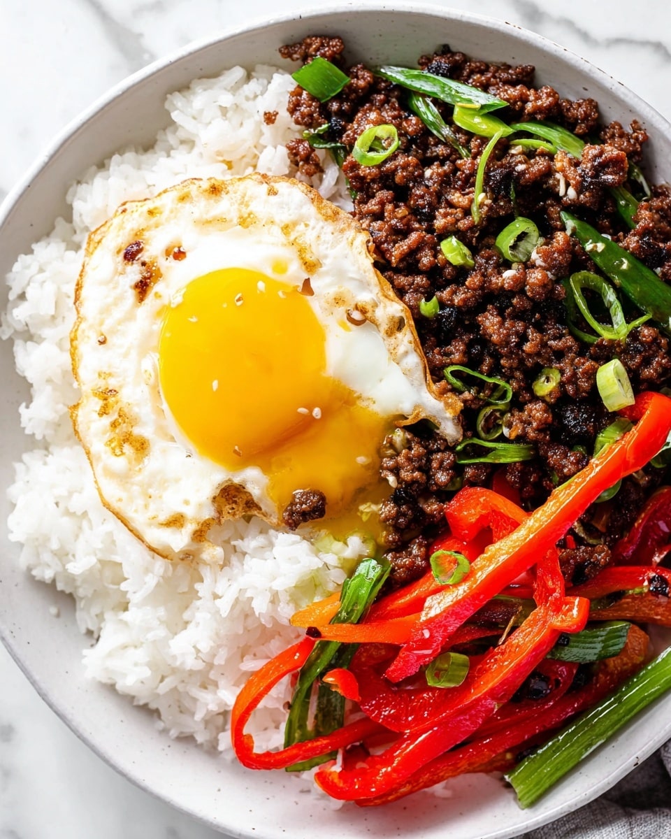 A white plate holds a colorful dish with three main layers. The bottom layer is a bed of fluffy white rice spread across the left side of the plate. On top of the rice is a sunny-side-up fried egg with a bright yellow runny yolk slightly spilling onto the rice. To the right of the egg and rice, there is a layer of dark brown cooked ground meat mixed with green strips of scallions scattered throughout. Near the top right edge of the plate, there are shiny red strips of cooked bell peppers mixed with more green scallions, adding a vibrant touch. The overall texture is a mix of soft rice, tender meat, crisp vegetables, and a smooth egg. The background is a white marbled surface. Photo taken with an iphone --ar 4:5 --v 7