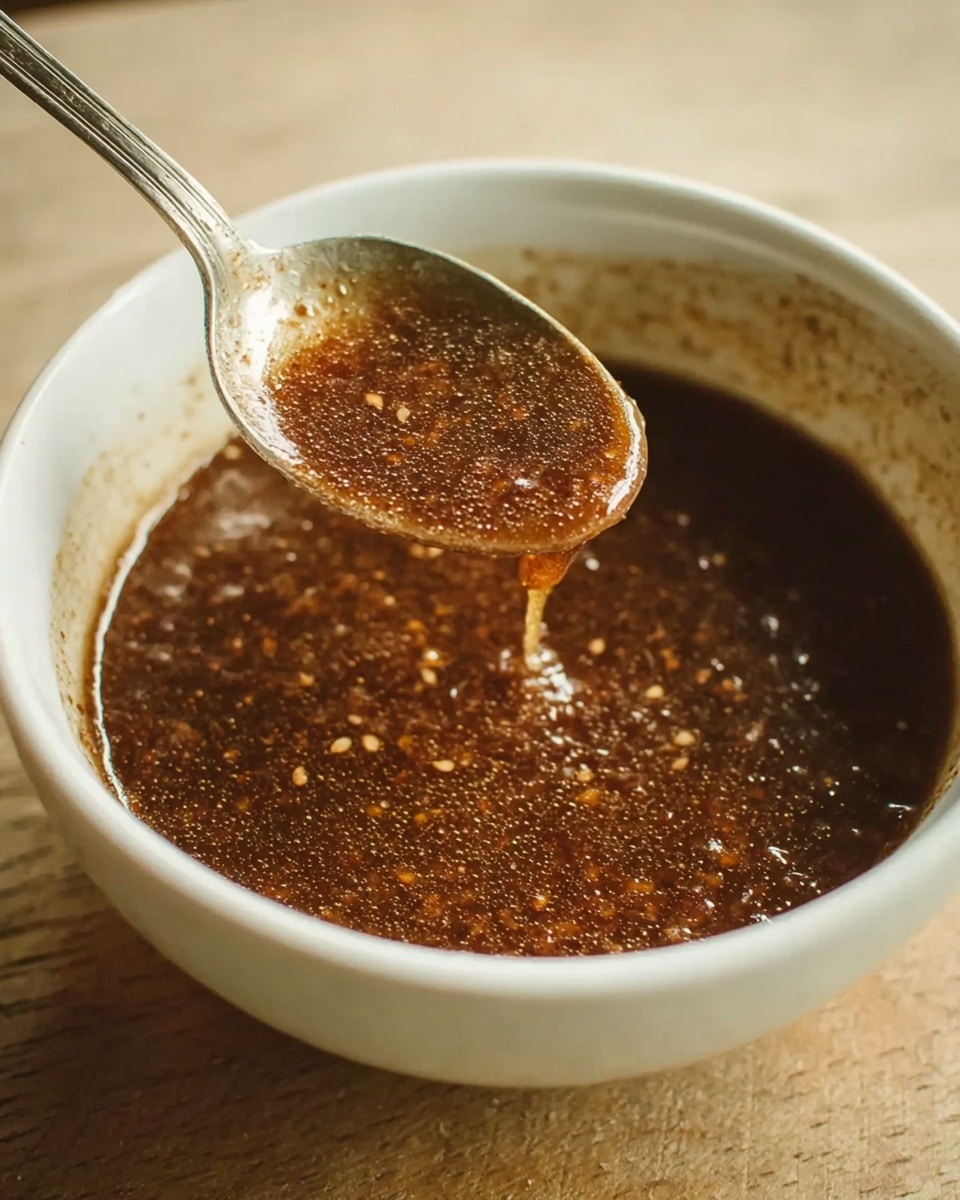 A close-up view of a white bowl filled with a thick, dark brown liquid with visible small granules or seeds mixed throughout. A silver spoon lifts some of the sauce or dressing, showing its rich, slightly textured surface dripping slowly back into the bowl. The bowl sits on a light-colored wooden surface. photo taken with an iphone --ar 4:5 --v 7