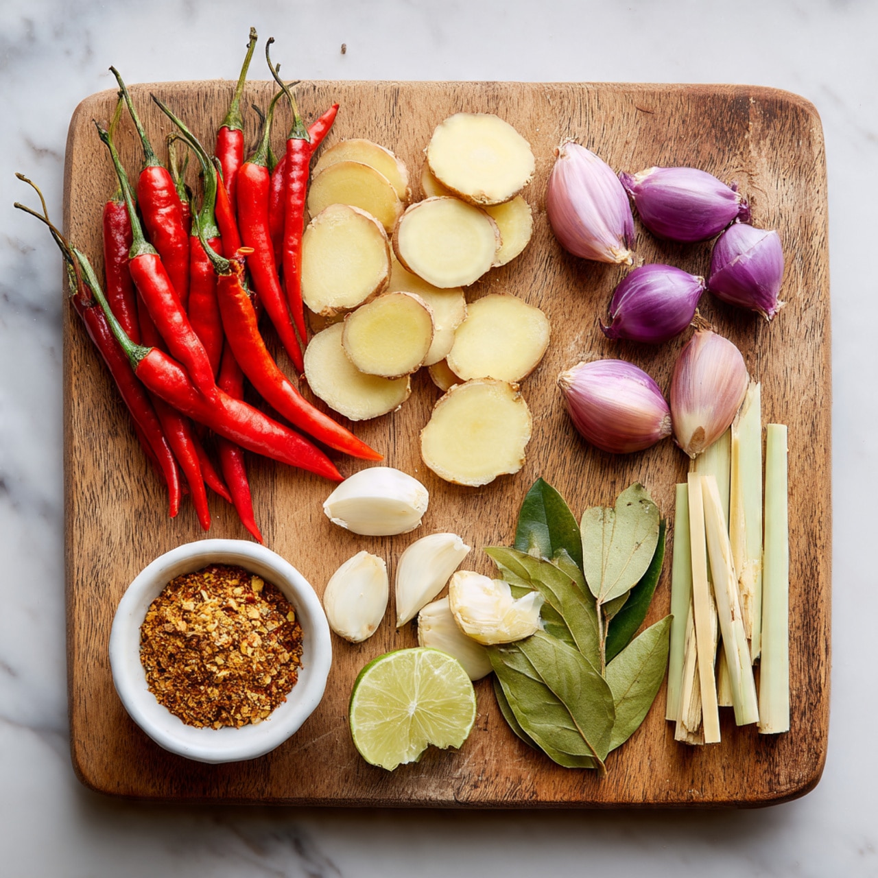 The image shows a wooden cutting board on a white marbled surface, filled with fresh ingredients arranged in neat groups. On the left side, there is a bunch of bright red long chilies with smooth, shiny skin, followed by white slices of galangal stacked in a small pile. Near the center are several whole peeled garlic cloves, next to small purple shallots both whole and halved, showing their layered texture inside. Light green sliced lemongrass stalks form a cluster on the right, with a few dark green kaffir lime leaves above them and torn pieces of bright green kaffir lime peel to the far right. In front on the bottom left corner of the board sits a small white bowl filled with coarse brown dried spices. The arrangement gives a colorful, fresh, and organized feel. Photo taken with an iphone --ar 4:5 --v 7