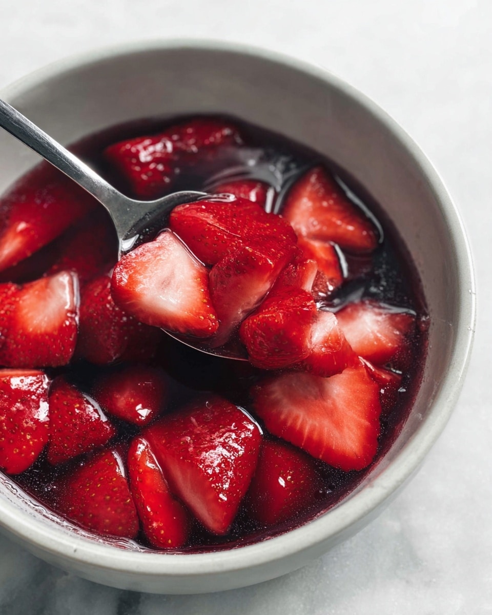 The image shows a close-up of a white bowl filled with red strawberry halves and quarters in a dark red liquid syrup. The strawberries have a shiny, wet texture, and some show the light pink inner flesh. A metal spoon is scooping some of the strawberries and syrup, positioned in the upper left part of the bowl. The bowl is set on a white marbled surface. photo taken with an iphone --ar 4:5 --v 7