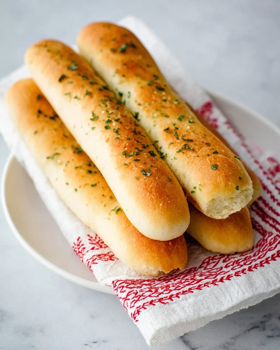 A group of four golden brown breadsticks with small bits of herbs on top, wrapped partially in a soft light blue cloth. The breadsticks have a smooth, slightly shiny surface, showing they are fresh and soft inside. They rest on a white marbled surface that cleanly contrasts with the warm colors of the bread and the blue cloth. Photo taken with an iphone --ar 4:5 --v 7