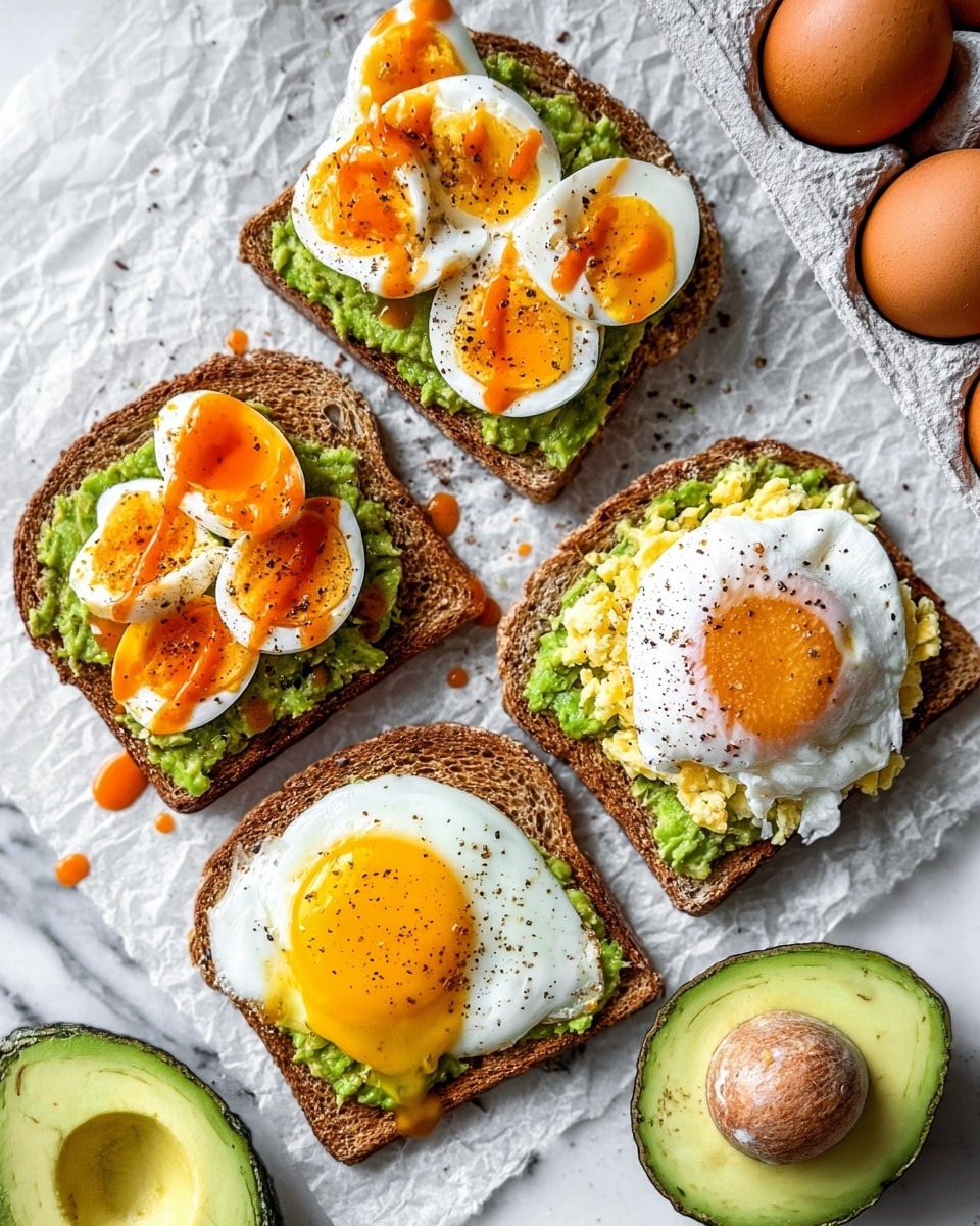 A slice of dark whole grain toast placed on a white plate with a white marbled surface underneath. The toast is spread with a thick layer of smashed green avocado, showing a slightly chunky texture. On top, there are six slices of hard-boiled egg with a soft yellow yolk and firm white edges, scattered evenly to cover most of the avocado. Each egg slice has a light dash of black pepper sprinkled over it. The overall presentation is simple with fresh, natural colors. Photo taken with an iphone --ar 4:5 --v 7