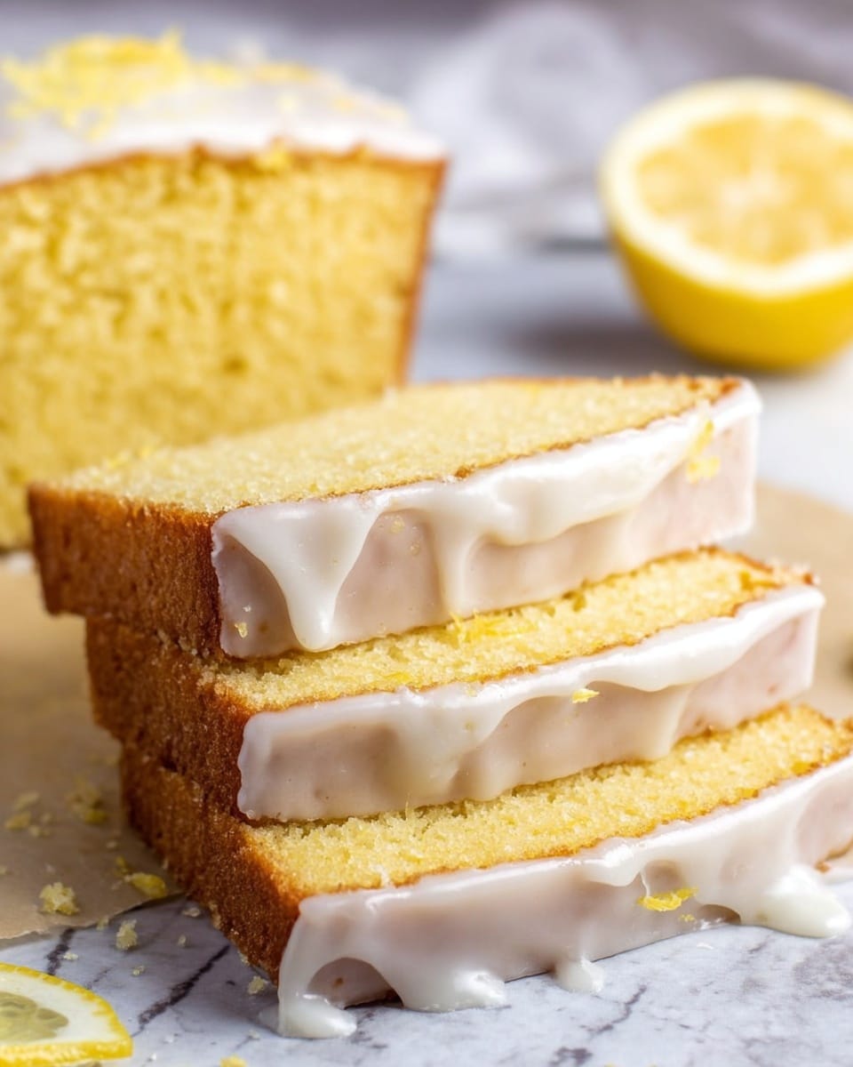 The image shows three slices of yellow lemon cake stacked slightly on each other with a smooth white icing layer on top and draping over the sides. The cake has a soft, crumbly texture and a light golden crust around the edges. In the background, there is a half lemon placed on a white marbled surface. The whole scene has a bright, fresh feel with the cake and lemon as the main focus. photo taken with an iphone --ar 4:5 --v 7