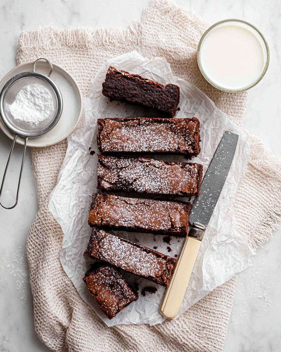 Five long rectangular chocolate brownies are arranged overlapping each other on a piece of white parchment paper placed on a light-colored textured cloth. The brownies have a cracked, shiny top surface dusted with white powdered sugar, and their dense, dark brown interior is visible on one piece that is slightly lifted. To the right of the brownies, a knife with a pale wooden handle lies partly on the cloth and parchment paper. In the upper left corner, there is a small round white plate holding a metal sieve filled with powdered sugar. In the upper right corner, a glass of milk with white froth on top is placed on the cloth. The whole setup is on a white marbled surface. photo taken with an iphone --ar 4:5 --v 7