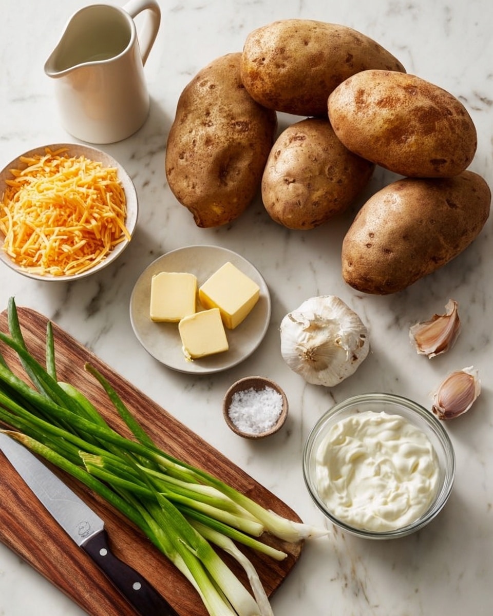 The image shows four whole brown potatoes with textured skin placed on a white marbled surface. Around the potatoes, there is a small white bowl with three square pieces of yellow butter, a white pitcher with a creamy liquid, a bowl with shredded orange cheddar cheese, a glass bowl with thick white sour cream, and a small white dish filled with salt. In the bottom part of the image, a wooden cutting board holds a knife and chopped green onions, with a bunch of whole green onions also lying on the board. A garlic bulb with cloves is placed near the butter bowl. Photo taken with an iphone --ar 4:5 --v 7