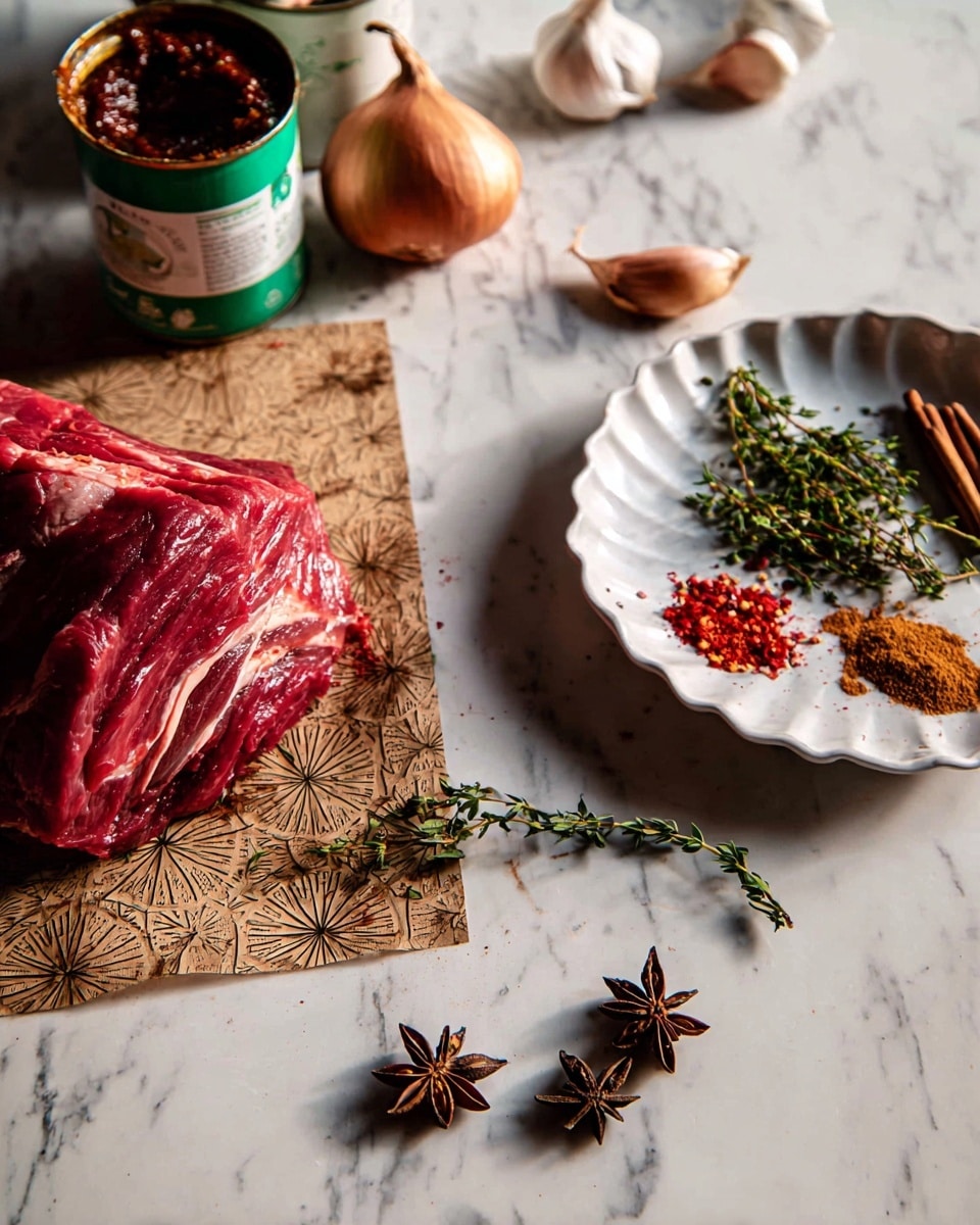 A piece of raw red meat with visible fat layers lies on brown patterned paper on the left side of a white marbled surface. Near the meat, there is an open green and white can filled with dark red paste. Towards the right, a white scallop-edged plate holds different spices: a brown powder, star anise, cinnamon sticks, red chili flakes, and fresh green sprigs of thyme. There are also two shallots partially peeled in the background. Some brown spice powder and two star anise pieces are scattered directly on the white marbled surface near the plate. Photo taken with an iphone --ar 4:5 --v 7