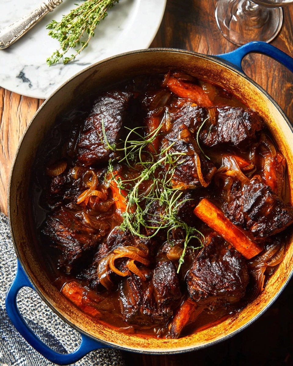 A round blue cast iron pot filled with large dark brown braised meat chunks on top of soft orange cooked carrots and translucent cooked onions in rich brown sauce. The dish is garnished with fresh green herb sprigs lying across the top. The pot is set on a wooden surface with a white marbled texture visible beside it, where a white plate with herb sprigs and a silver utensil rest. Photo taken with an iphone --ar 4:5 --v 7