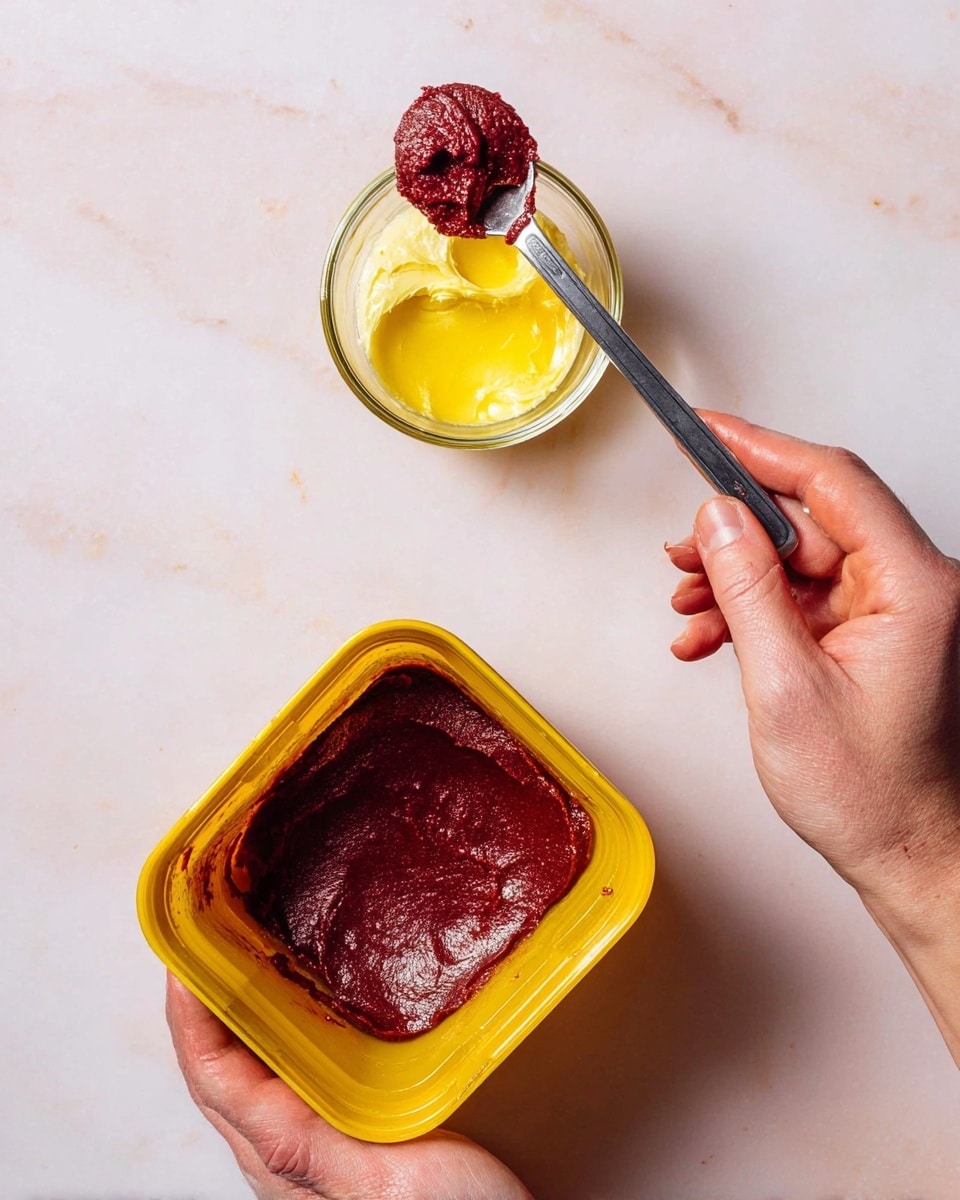 A woman's hand is holding a small clear glass bowl with a layer of melted golden yellow butter inside. Another woman’s hand is holding a metal measuring spoon with a thick, deep red paste on it, hovering over the bowl. Next to the hands is an open yellow plastic container filled with more of the same deep red paste with a rich, smooth texture. The scene is set on a white marbled surface. photo taken with an iphone --ar 4:5 --v 7
