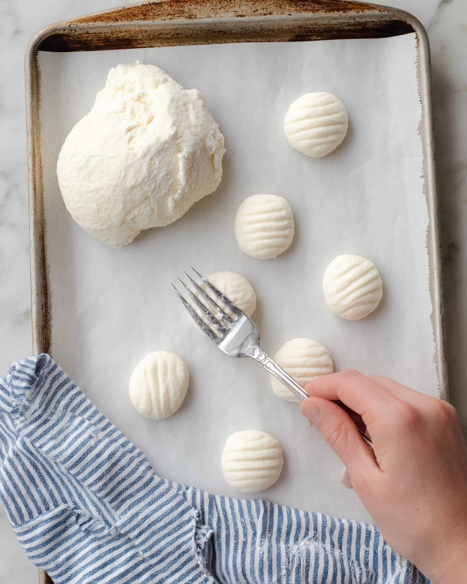 A white marbled surface holds a baking tray lined with white parchment paper. On the tray, there is a large mound of white, soft dough clumped together on the top left. Beside it, several small smooth white dough balls are spread out. Three of these balls have been flattened into round discs with subtle horizontal fork marks pressed on their surfaces. A woman's hand holds a silver fork pressing down on one of the dough balls to create the textured pattern. A blue and white striped cloth peeks out under the edge of the tray at the bottom. photo taken with an iphone --ar 4:5 --v 7