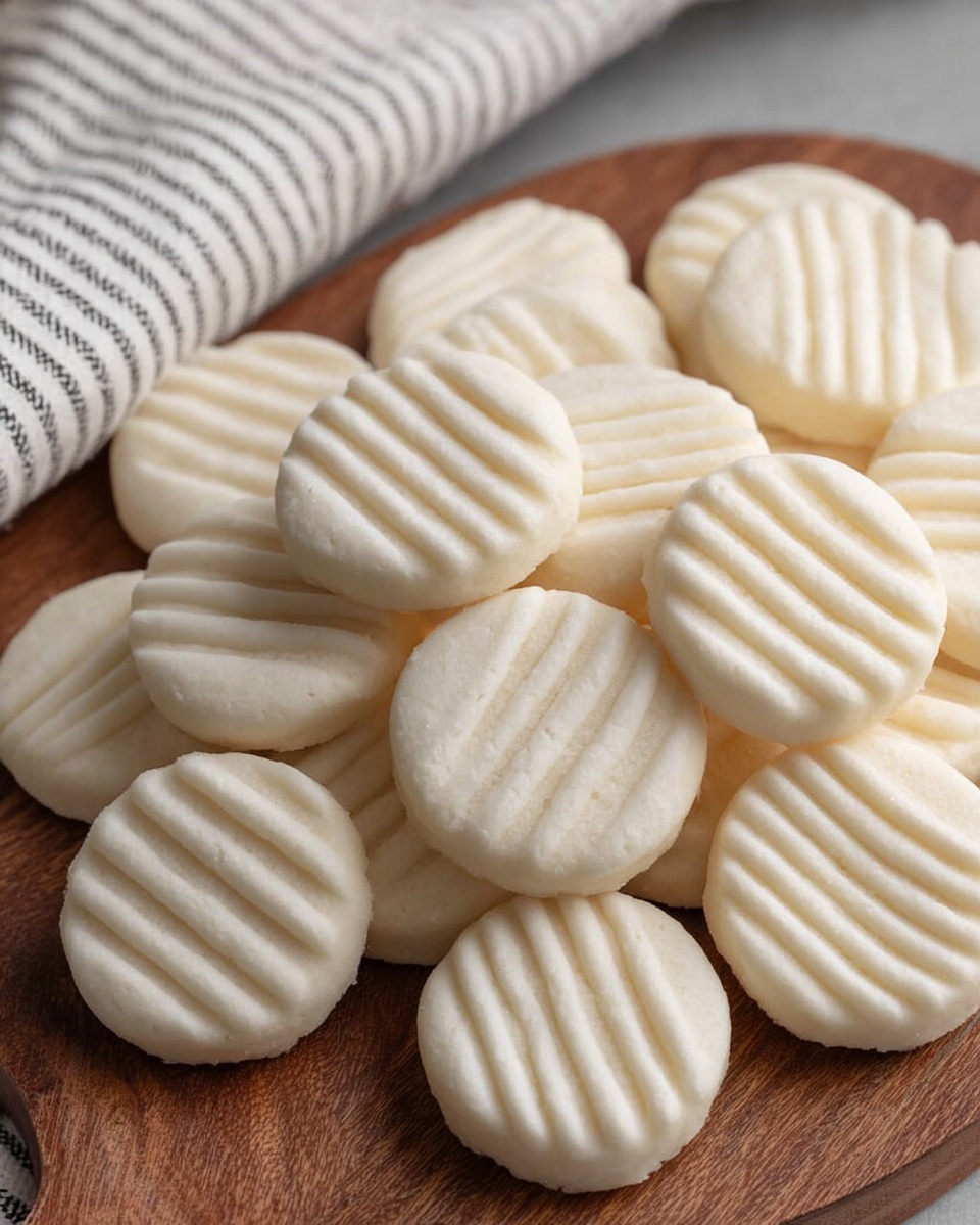 A close-up view of many small, round white cookies stacked loosely on a wooden board, each cookie has five evenly spaced, shallow diagonal lines pressed on top, creating a simple textured pattern; the background shows a soft white and gray striped cloth partially visible at the top left corner; photo taken with an iphone --ar 4:5 --v 7