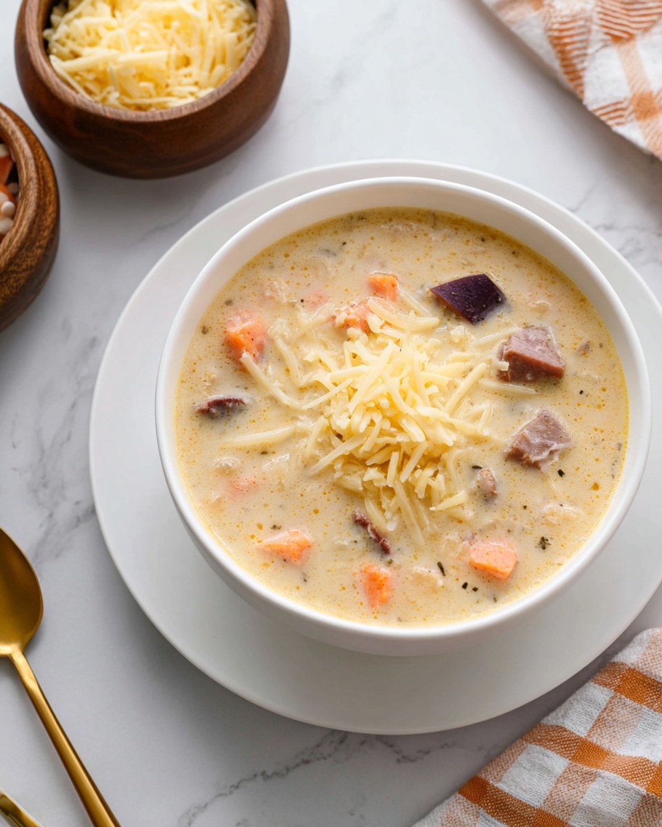 The image shows a bowl of creamy soup sitting on a white plate with a white marbled background. The soup has a thick light beige base with visible small pieces of orange carrots, pale bits of shredded cabbage or onion, and several chunks of dark red sausage. A golden spoon lifts a serving of the soup, showcasing the creamy texture mixed with the colorful vegetable and sausage chunks clearly. To the upper left, a white wooden bowl filled with shredded white cheese is partly visible along with a glimpse of a white and yellow striped cloth napkin at the upper right. Photo taken with an iphone --ar 4:5 --v 7