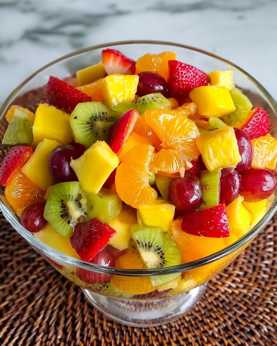 A clear glass bowl filled with a colorful fruit salad, showing roughly three layers of mixed fruits. The top layer has bright orange segments, yellow pineapple chunks, and yellow mango pieces that have a smooth texture. Below them, scattered red strawberries with their red seeds and green kiwi slices with black seeds add contrast. Red grapes and some smaller pieces of fruit with a yellow-orange hue fill the spaces between the larger fruit pieces. The bowl sits on a woven mat with a white marbled background visible around it. photo taken with an iphone --ar 4:5 --v 7