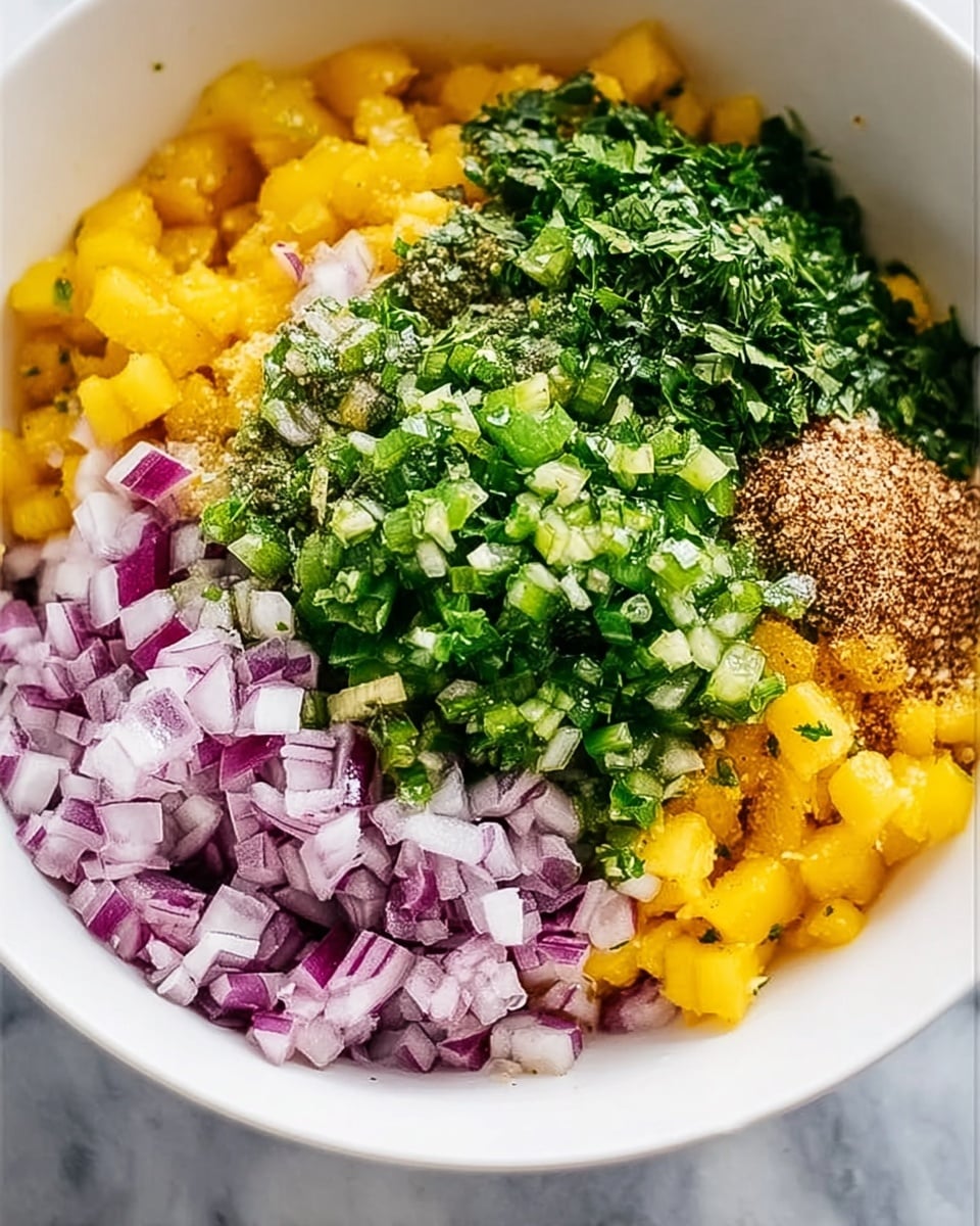 A white bowl holds layers of finely chopped ingredients arranged in colorful sections: bright yellow mango pieces form the base, topped by chopped red onions with purple and white hues, a pile of finely diced green jalapeños shines in the center, and minced dark green cilantro fills the upper left. A small mound of light brown spices rests near the chopped jalapeños. The bowl sits on a white marbled surface. Photo taken with an iphone --ar 4:5 --v 7