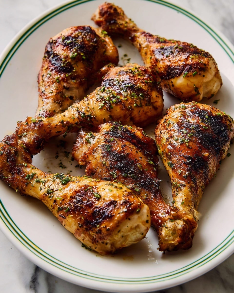 The image shows six grilled chicken drumsticks and thighs arranged closely on a white plate with two thin green lines around the edge. The chicken pieces have a golden-brown color with charred grill marks and are sprinkled with small green herb bits. The skin looks crispy with a mix of darker and lighter browned spots, giving a textured and slightly rough surface. The plate is placed on a white marbled surface. photo taken with an iphone --ar 4:5 --v 7