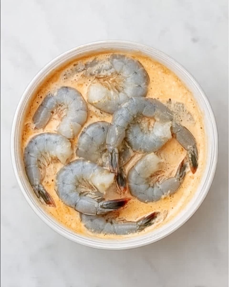 A white bowl filled with a creamy, light orange sauce topped with several raw shrimp arranged in a circular pattern. The shrimp are grayish-blue with slightly translucent meat and are placed on top, covering the sauce but leaving parts of it visible. The bowl is set on a white marbled surface. Photo taken with an iphone --ar 4:5 --v 7