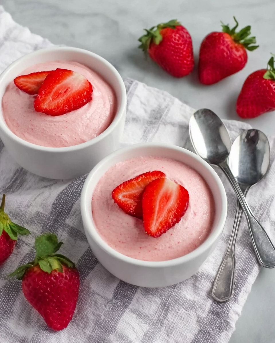A white bowl filled with one layer of smooth, light pink strawberry mousse that has tiny strawberry bits mixed in, topped with a few bright red, sliced strawberries positioned in the center. A silver spoon, holding a scoop of the mousse, rests on the edge of the bowl. Around the bowl are fresh whole strawberries and a gray and white striped cloth on a white marbled surface. Photo taken with an iphone --ar 4:5 --v 7