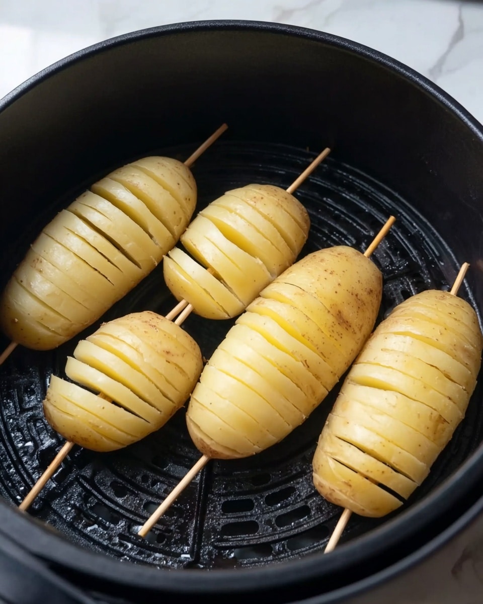 The image shows four peeled potatoes on wooden sticks, placed inside a black air fryer basket. Each potato is sliced thinly across its length in many sections but remains whole because the slices do not go all the way through. The potatoes have a light yellow color and smooth texture. The black basket has a round pattern at the bottom, with the potatoes laid flat and slightly spaced apart. The background is a white marbled texture. photo taken with an iphone --ar 4:5 --v 7