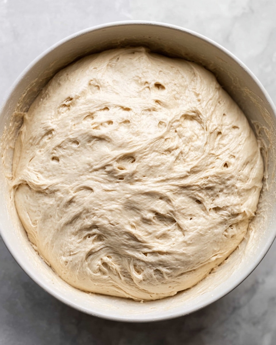 A round white bowl is filled with thick, light beige dough that has risen and expanded, showing a bubbly and slightly sticky texture with many small air pockets and folds across the surface; the dough looks soft and elastic with swirls and stretched areas, filling the bowl almost to the rim against a white marbled background photo taken with an iphone --ar 4:5 --v 7