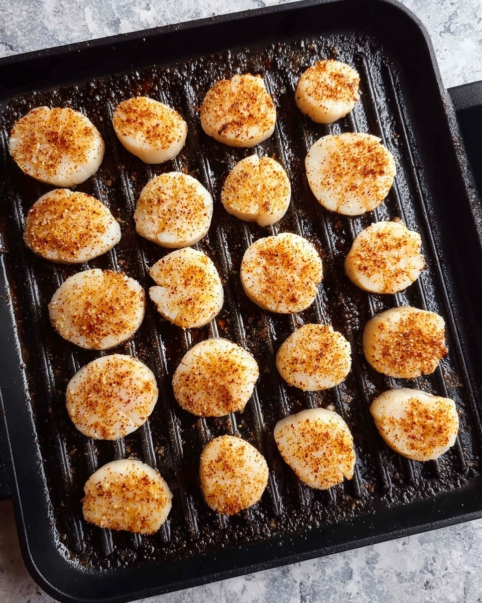 The image shows a black square grill pan filled with four rows of round, light beige scallops, each sprinkled evenly with a reddish-brown seasoning on top, creating a speckled effect. The scallops have a smooth texture and are spaced neatly across the grill lines of the pan, which has a slightly shiny surface with grilled marks. The grill pan sits on a white marbled texture surface. photo taken with an iphone --ar 4:5 --v 7