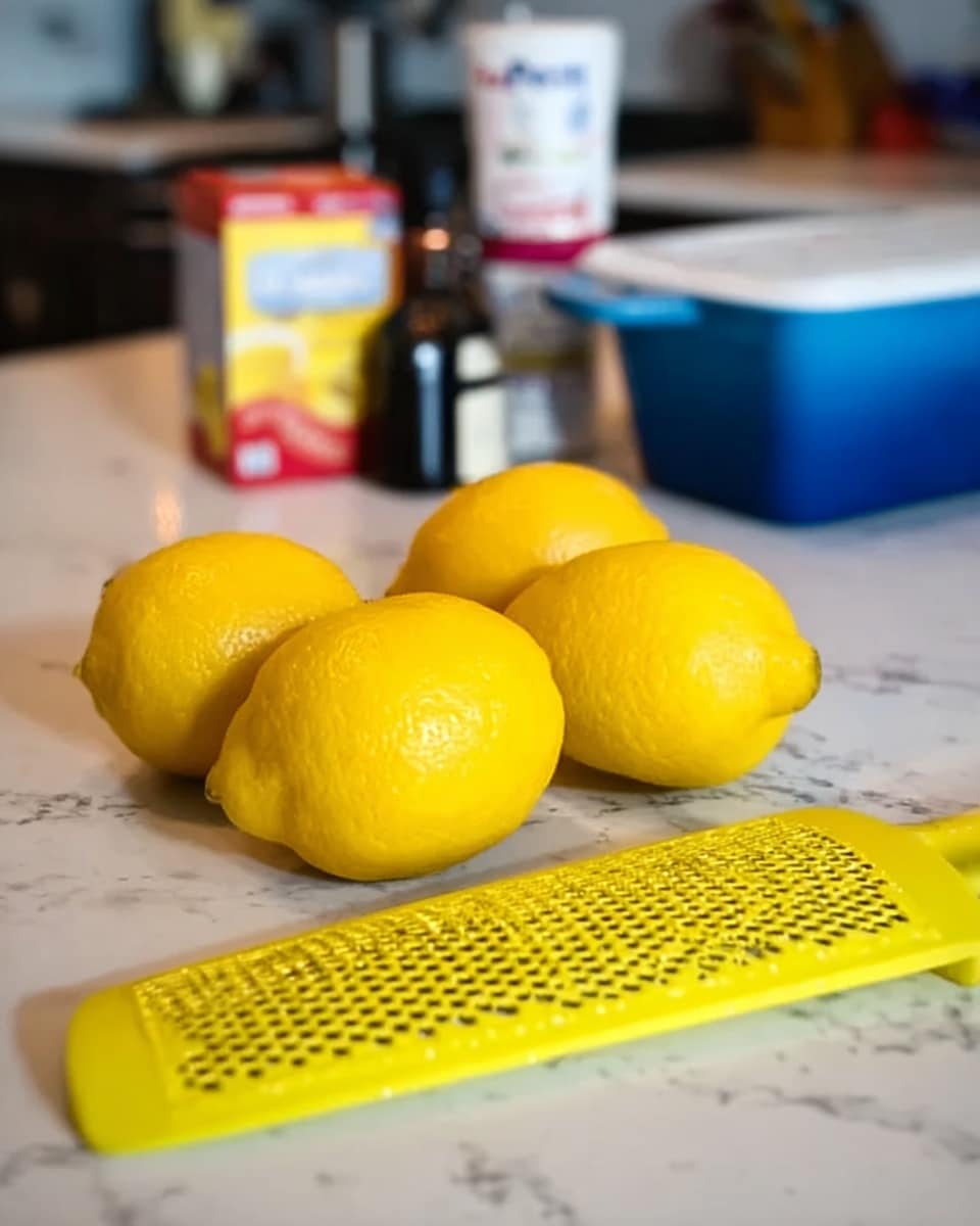 The image shows four bright yellow lemons placed closely together on a white marbled surface. In front of the lemons, there is a long, yellow grater lying flat with its textured surface facing up. Behind the lemons, there is a blurred background with various kitchen items, including a small dark bottle, a carton with red and yellow colors, and a large blue container. The lighting gives a soft shine to the lemons and the grater, making their colors vivid and fresh. photo taken with an iphone --ar 4:5 --v 7