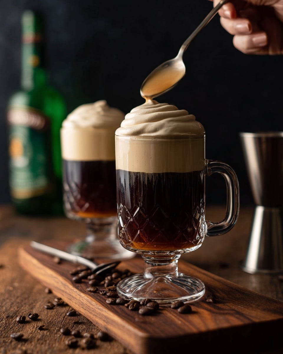 There are two clear textured glass mugs on a wooden board, each filled with two layers: the bottom layer is dark brown coffee, and the top layer is a thick, creamy light tan foam. A woman's hand is holding a spoon above the front mug, carefully placing a swirl of the thick cream on top, which has a smooth and rich texture. Coffee beans are scattered around the wooden board, adding a rustic feel. In the background, a blurred green bottle and a silver jigger are visible, all set against a dark backdrop. photo taken with an iphone --ar 4:5 --v 7