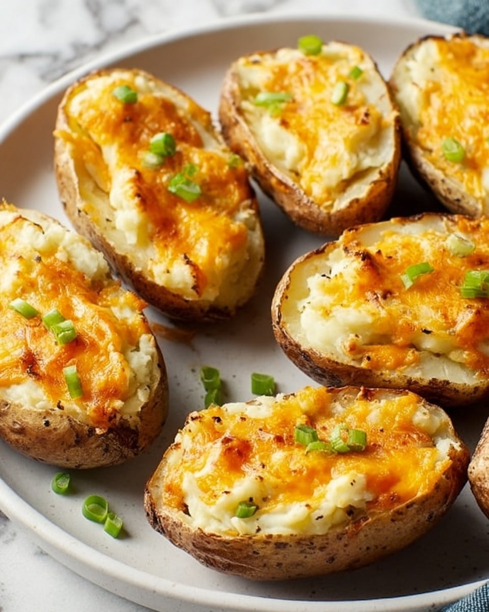 The image shows six potato halves arranged on a white plate with a white marbled surface background. Each potato half is filled with a creamy mashed potato layer that is light yellow and smooth in texture. On top, there is a melted orange cheese layer that looks slightly browned and bubbly, giving a crispy look. Small chopped green onions are sprinkled on the top, adding spots of bright green color. The potatoes have a slightly crispy brown skin around the edges. The overall look is warm and inviting, with a mix of soft, melted, and crispy textures. Photo taken with an iphone --ar 4:5 --v 7