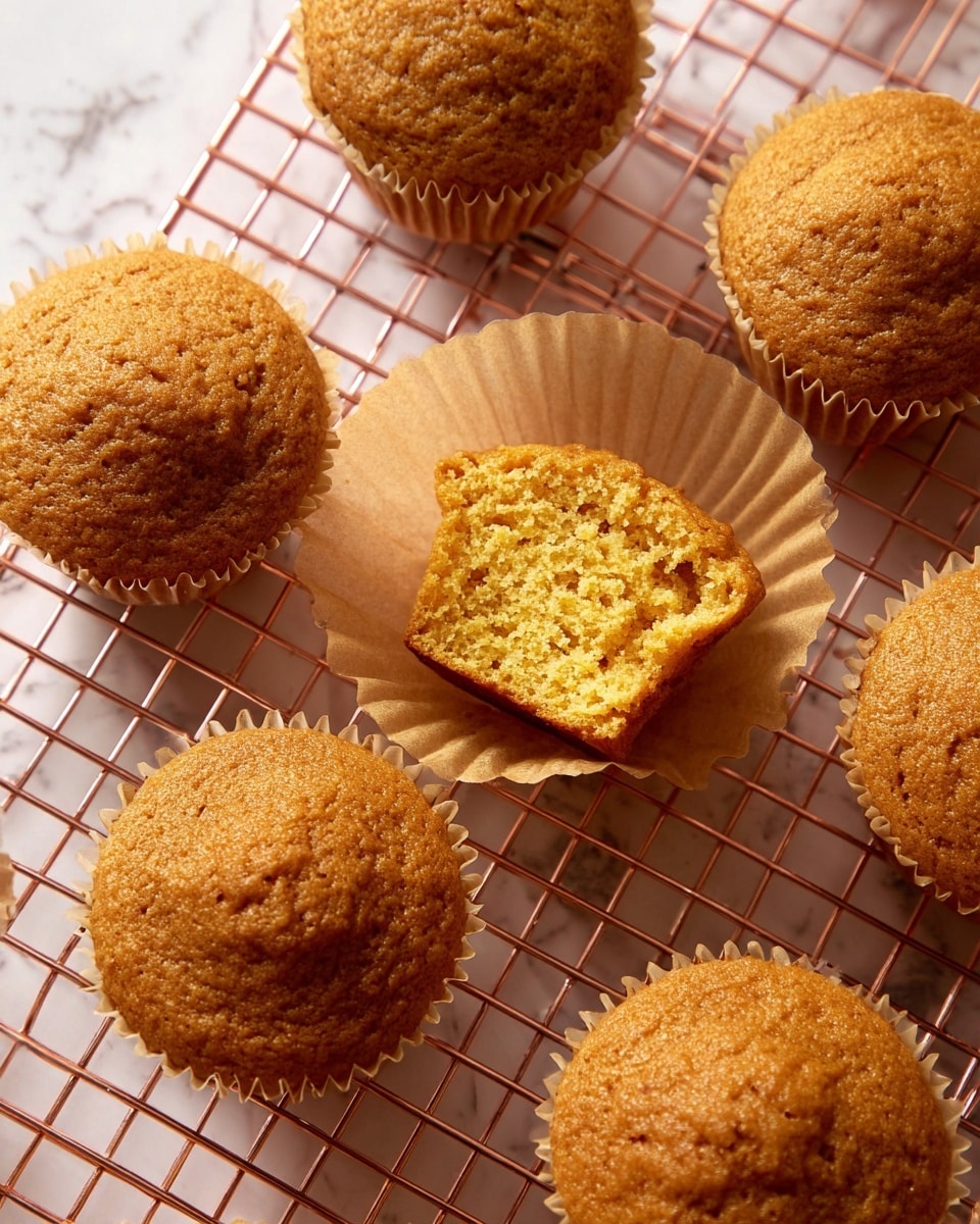 A close-up view of nine golden brown muffins, with one muffin opened in the middle showing its soft, crumbly texture inside. The muffins are in light brown paper liners and are placed on a rose gold wire cooling rack. The muffins have a slightly cracked tops and a warm, inviting look. The background is a white marbled texture. photo taken with an iphone --ar 4:5 --v 7