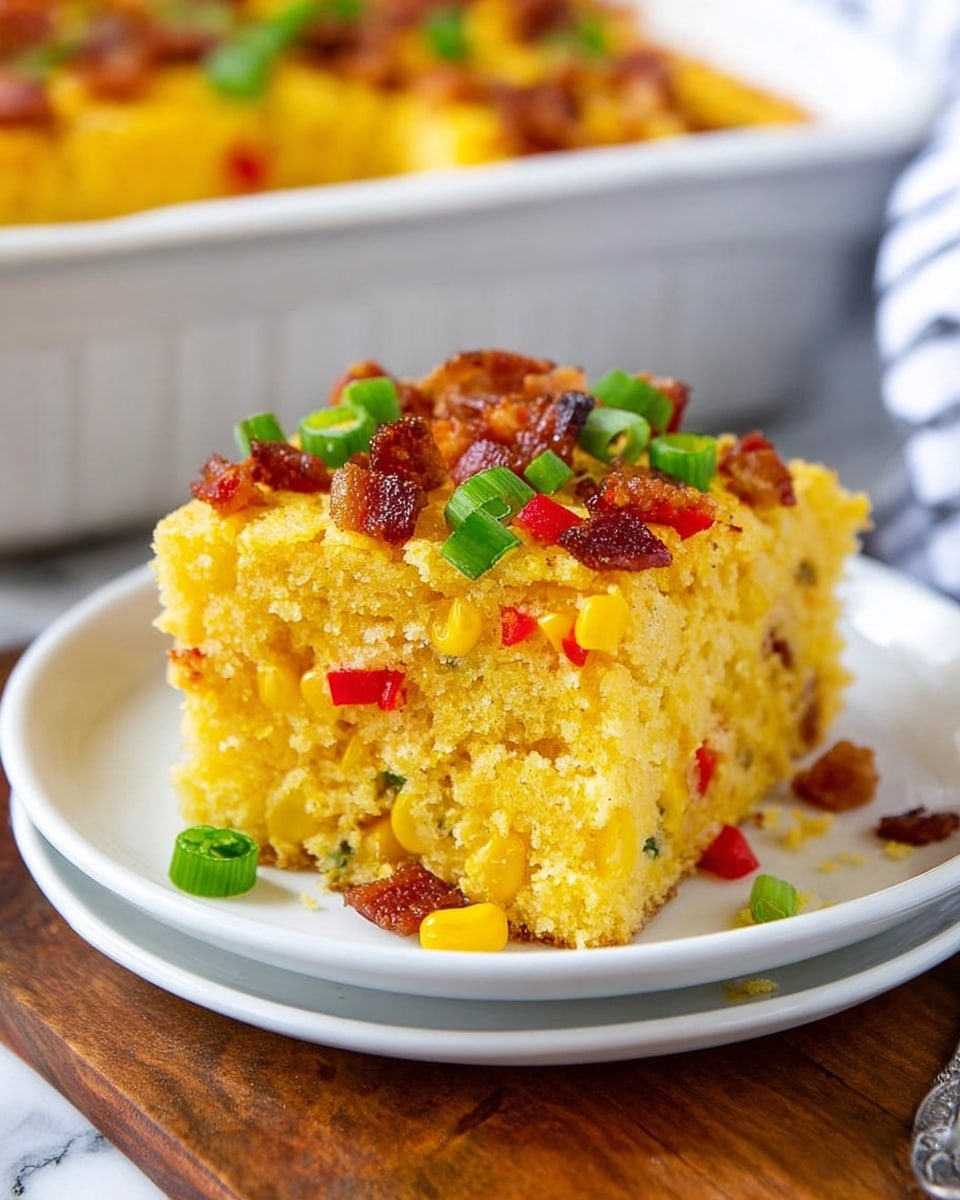 A close-up of a thick square piece of cornbread on a white plate, showing a yellow base with visible corn kernels and small bits of red peppers mixed inside. The top layer is sprinkled with small green onion rings, small red pepper pieces, and crispy brown bacon bits, giving texture and color contrast. The cornbread's texture looks soft but firm with a slightly crumbly edge. The plate is set on a wooden surface with a white marbled background visible. A white baking dish with more cornbread is slightly blurred in the background. Photo taken with an iphone --ar 4:5 --v 7