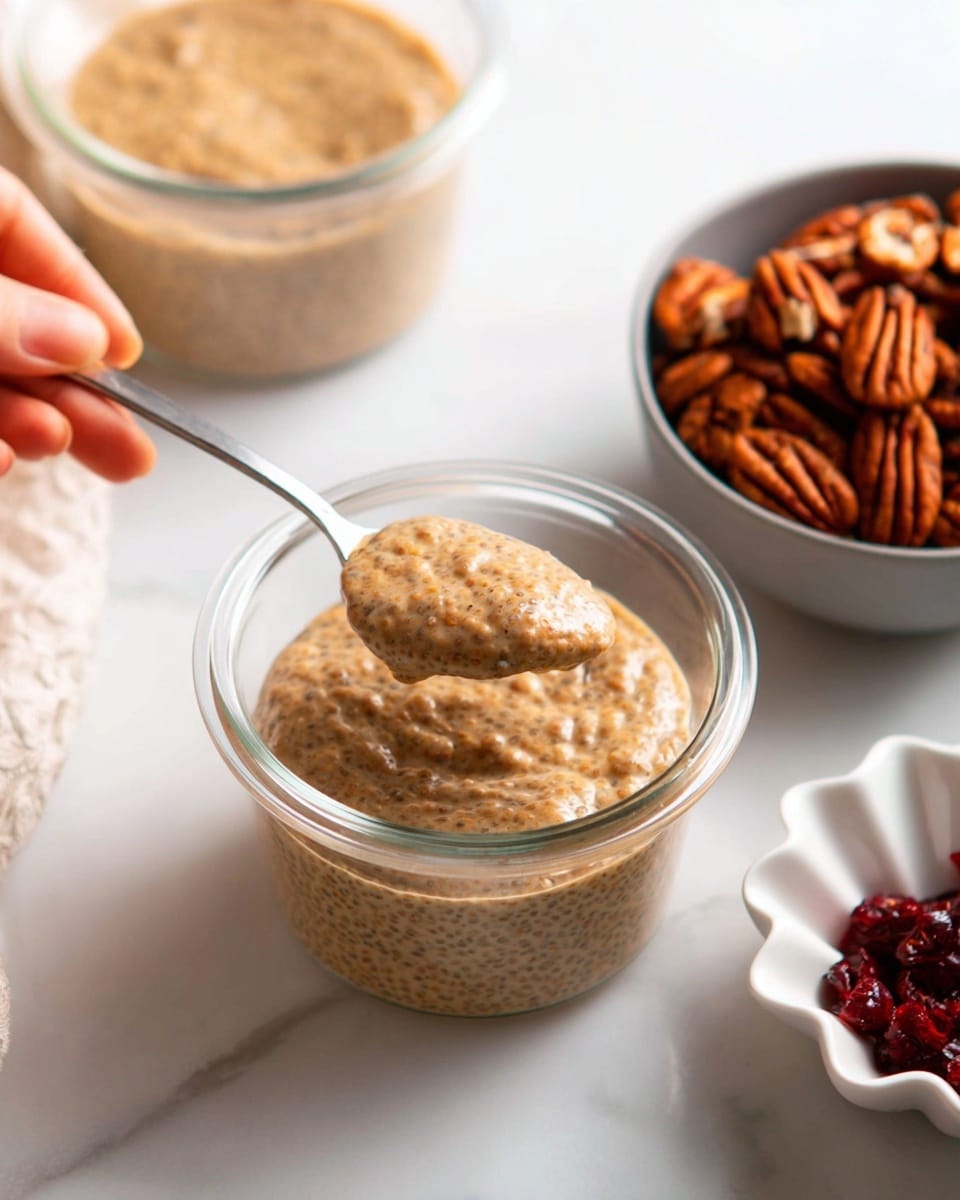 The image shows a small clear glass bowl filled with light brown chia pudding that has a thick, textured appearance with visible chia seeds throughout. A silver spoon holding a spoonful of the pudding is held above the bowl by a woman's hand, displaying the pudding’s creamy texture. In the background, there is another clear glass bowl with more pudding and a gray bowl filled with whole pecans. At the bottom right corner, a small white scalloped dish contains some red dried cranberries, all placed on a white marbled surface. Photo taken with an iphone --ar 4:5 --v 7