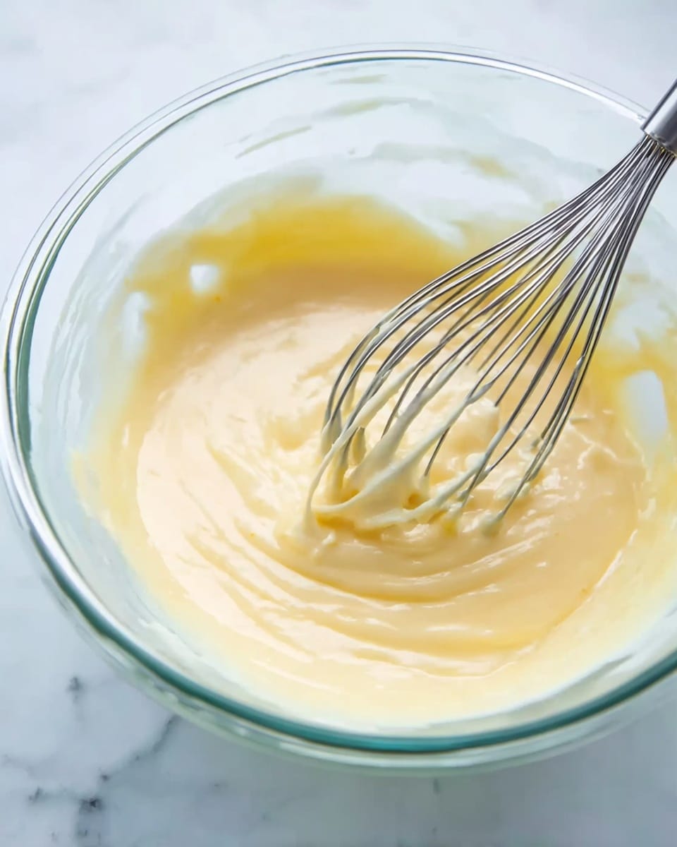 A clear glass bowl filled with a smooth, creamy, pale yellow batter, with some batter sticking to the sides. Inside the bowl, a shiny stainless steel whisk is partially covered with the batter, showing soft texture and gentle folds. The bowl sits on a white marbled surface, giving a clean and bright look. photo taken with an iphone --ar 4:5 --v 7