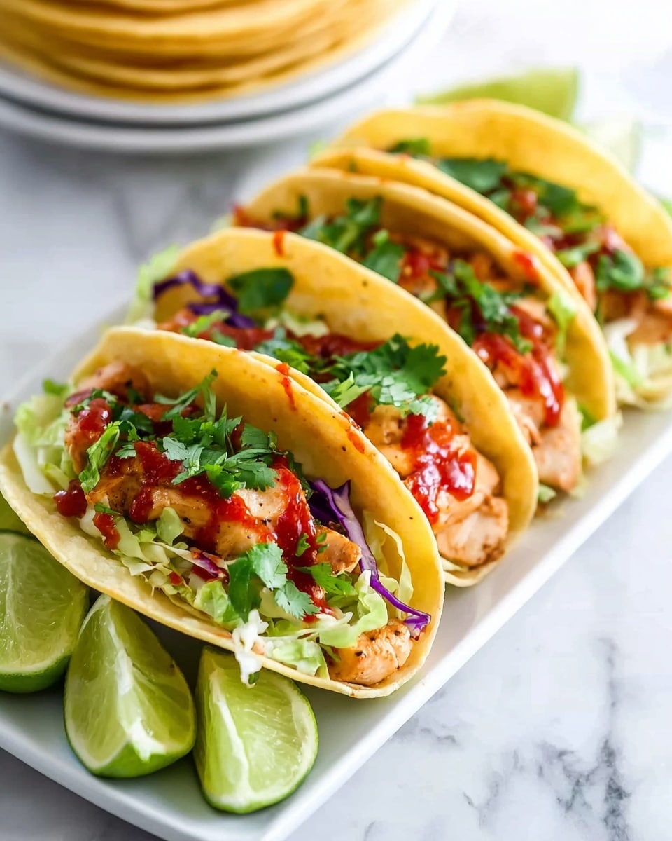 A close-up of three soft yellow corn tortillas folded and filled with golden brown pieces of cooked chicken, topped with fresh green cilantro leaves and bright red sauce drizzled on top. Inside the tacos, there is shredded purple cabbage and green lettuce showing crisp texture underneath the chicken. The tacos are arranged neatly side by side on a long white plate with two lime wedges placed in front of them. The background is a white marbled surface with a blurred stack of yellow corn tortillas in a white plate in the back. Photo taken with an iphone --ar 4:5 --v 7