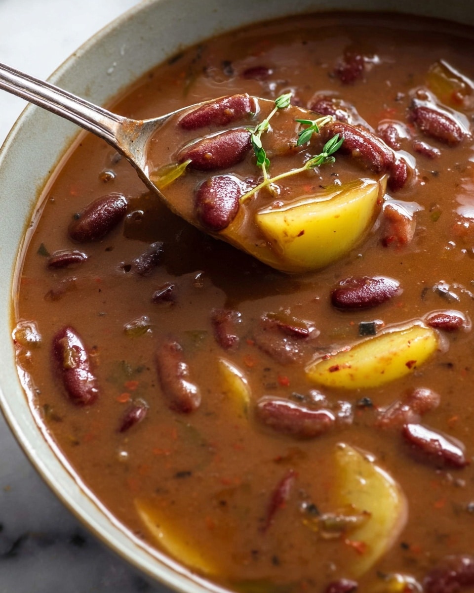 A close-up of a thick stew in a white bowl showing rich brown broth filled with dark red kidney beans and soft yellow potato slices. A silver spoon is scooping some stew near the top left, with a small sprig of fresh green thyme resting on the surface of the stew. The texture looks smooth with chunks and tiny bits of herbs mixed in, and the background is a white marbled surface. photo taken with an iphone --ar 4:5 --v 7