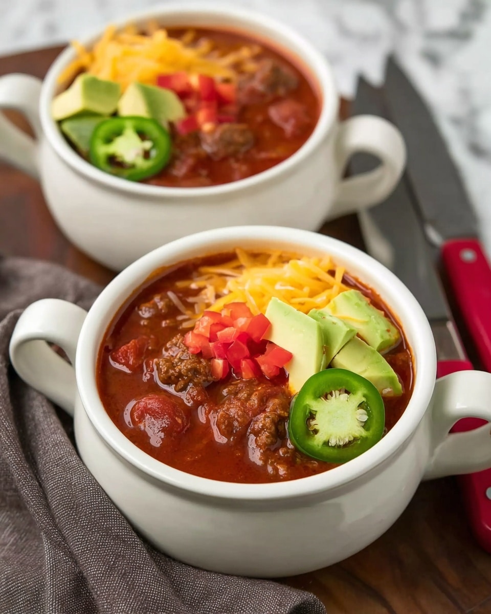 Two white round bowls with handles hold a thick red chili stew with chunks of meat and diced tomatoes. Each bowl is topped with three layers of toppings: a layer of shredded yellow cheese on one side, small red diced bell peppers in the middle, and two pieces of sliced light green avocado on the other side. One bowl also has two slices of green jalapeño pepper placed on top of the chili near the cheese. The bowls are placed on a brown wooden surface with a gray cloth nearby and two silver and red knives. The background is a white marbled texture. Photo taken with an iphone --ar 4:5 --v 7