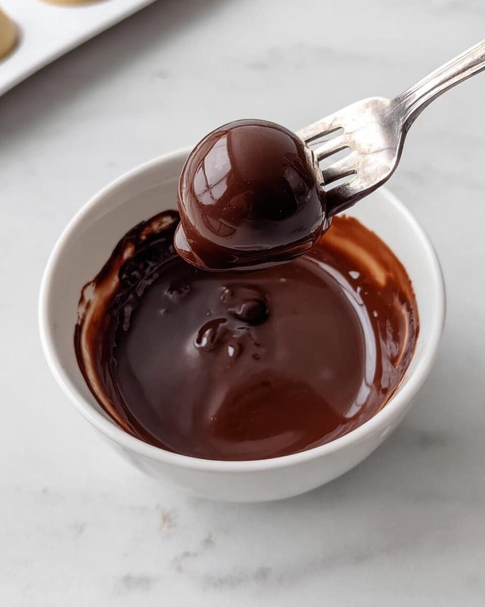 A white bowl filled with smooth, shiny dark brown chocolate, slightly melted. A silver fork holds a round ball covered evenly in the glossy chocolate above the bowl, with some chocolate dripped on the bowl's edge. The bowl sits on a white marbled surface, and in the corner, a white tray with a small light dough ball is partially visible. Photo taken with an iphone --ar 4:5 --v 7